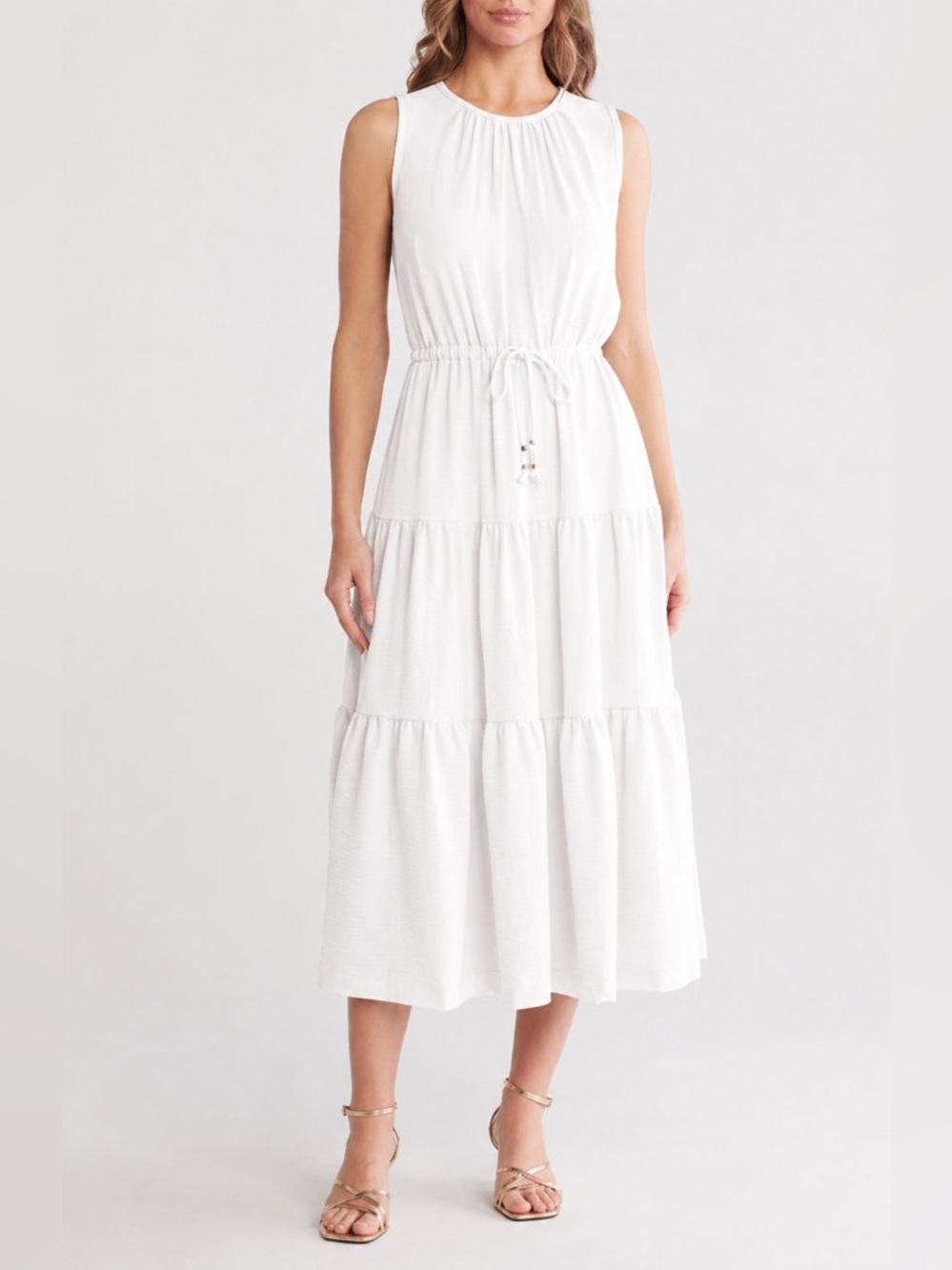 Calvin Klein White Sleeveless Tiered Maxi Dress with Drawstring, Size 2 crinkle